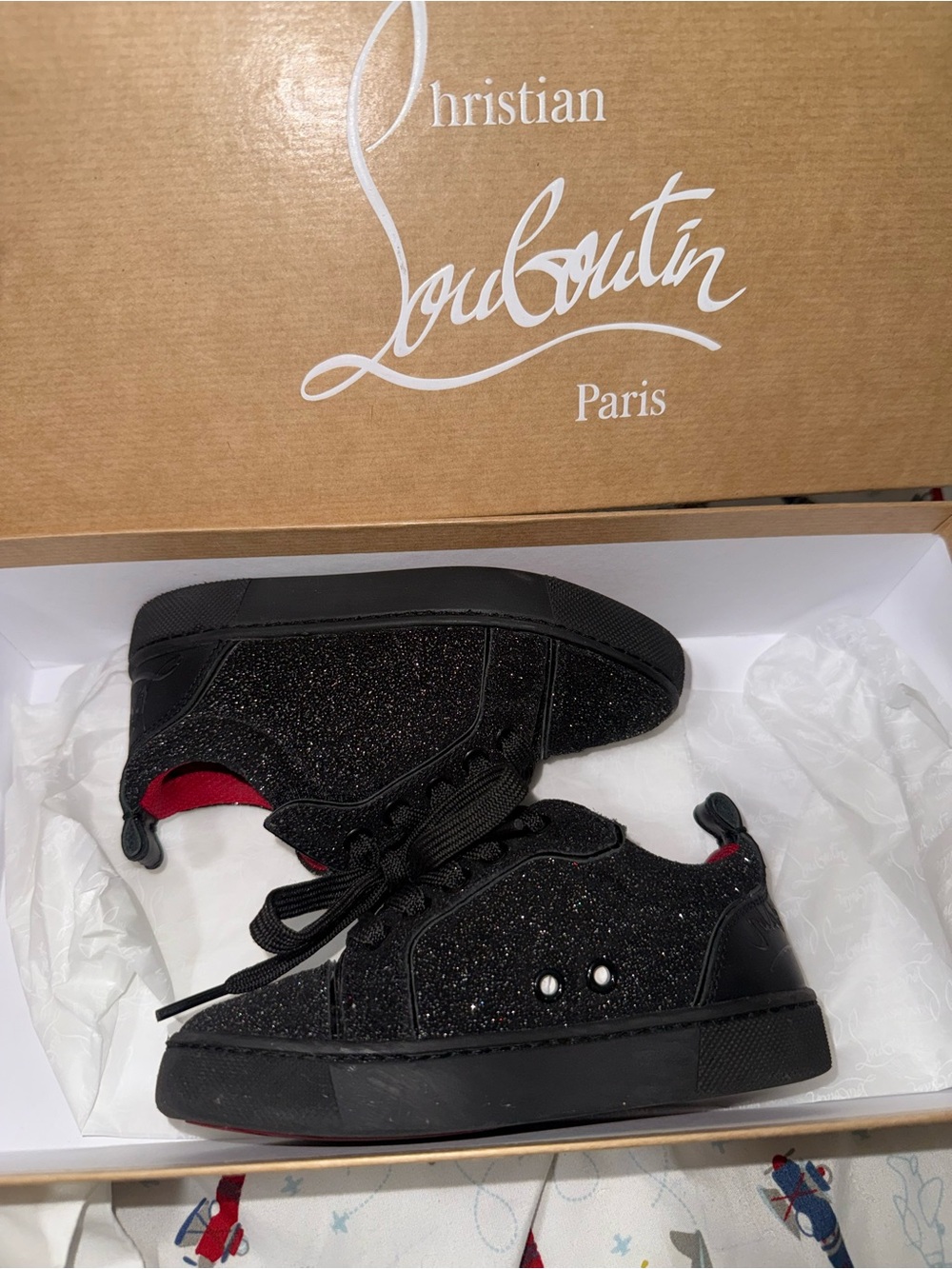 Christian Louboutin Kids Black Glitter Sneakers with Red Interior